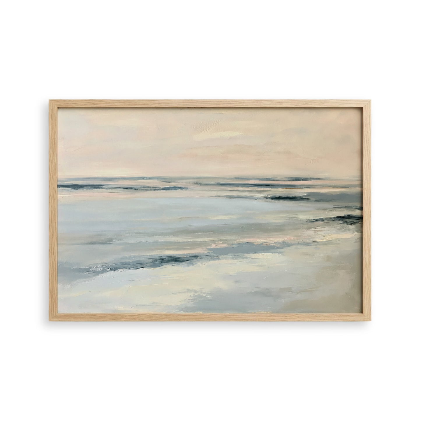 The image is a painting of a serene ocean scene with a light blue sky and gentle waves.