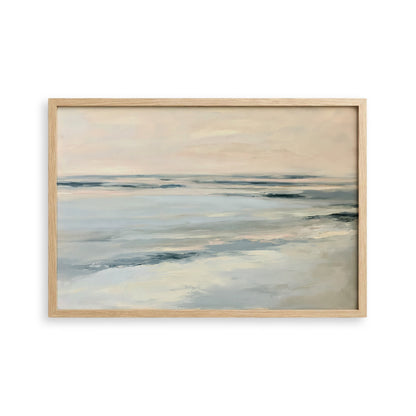 The image is a painting of a serene ocean scene with a light blue sky and gentle waves.