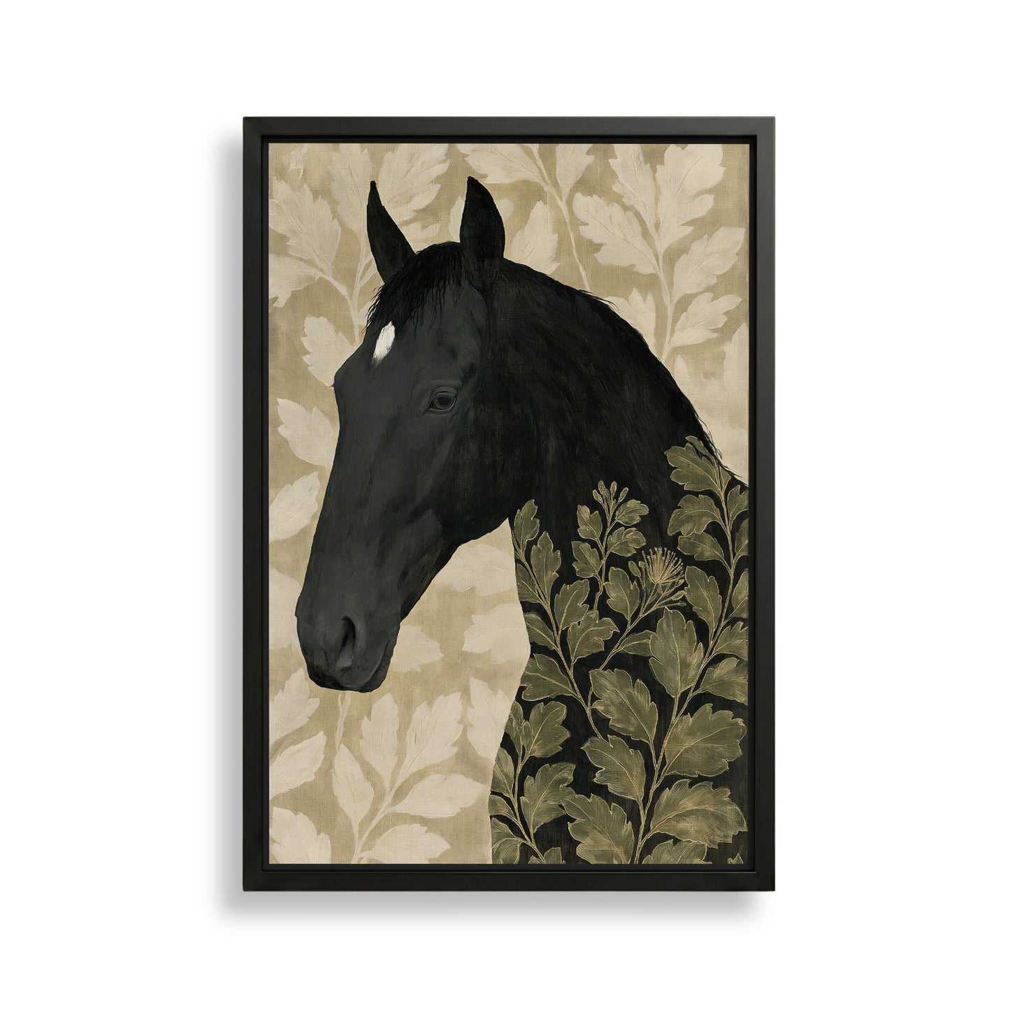 The image is a framed artwork depicting a black horse with a floral pattern on its body.
