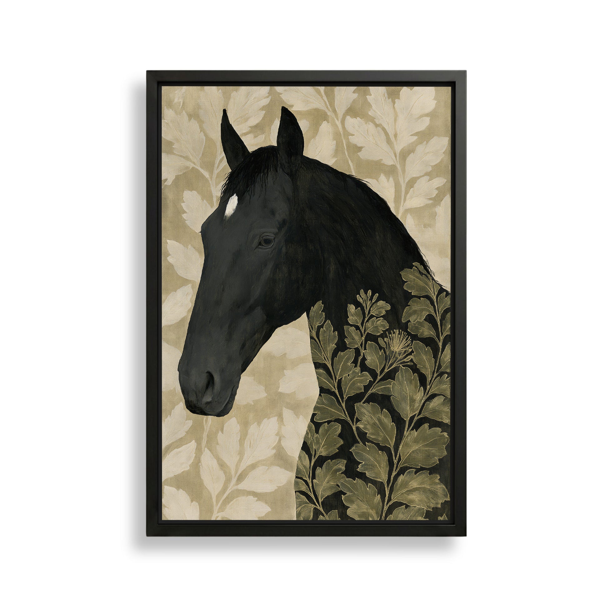 The image is a framed artwork depicting a black horse with a floral pattern on its body.