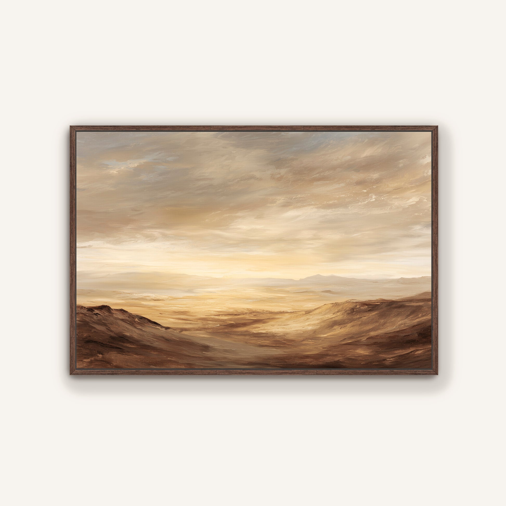 The image is a painting of a desert landscape with a cloudy sky.