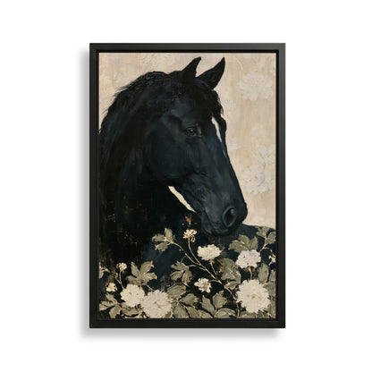 A framed painting depicting a black horse with a floral background.