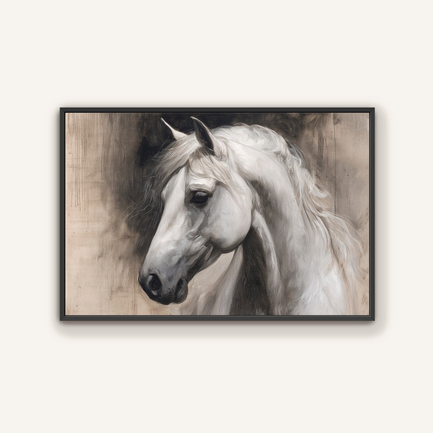 A black and white portrait of a horse, with its head turned to the side and flowing mane.