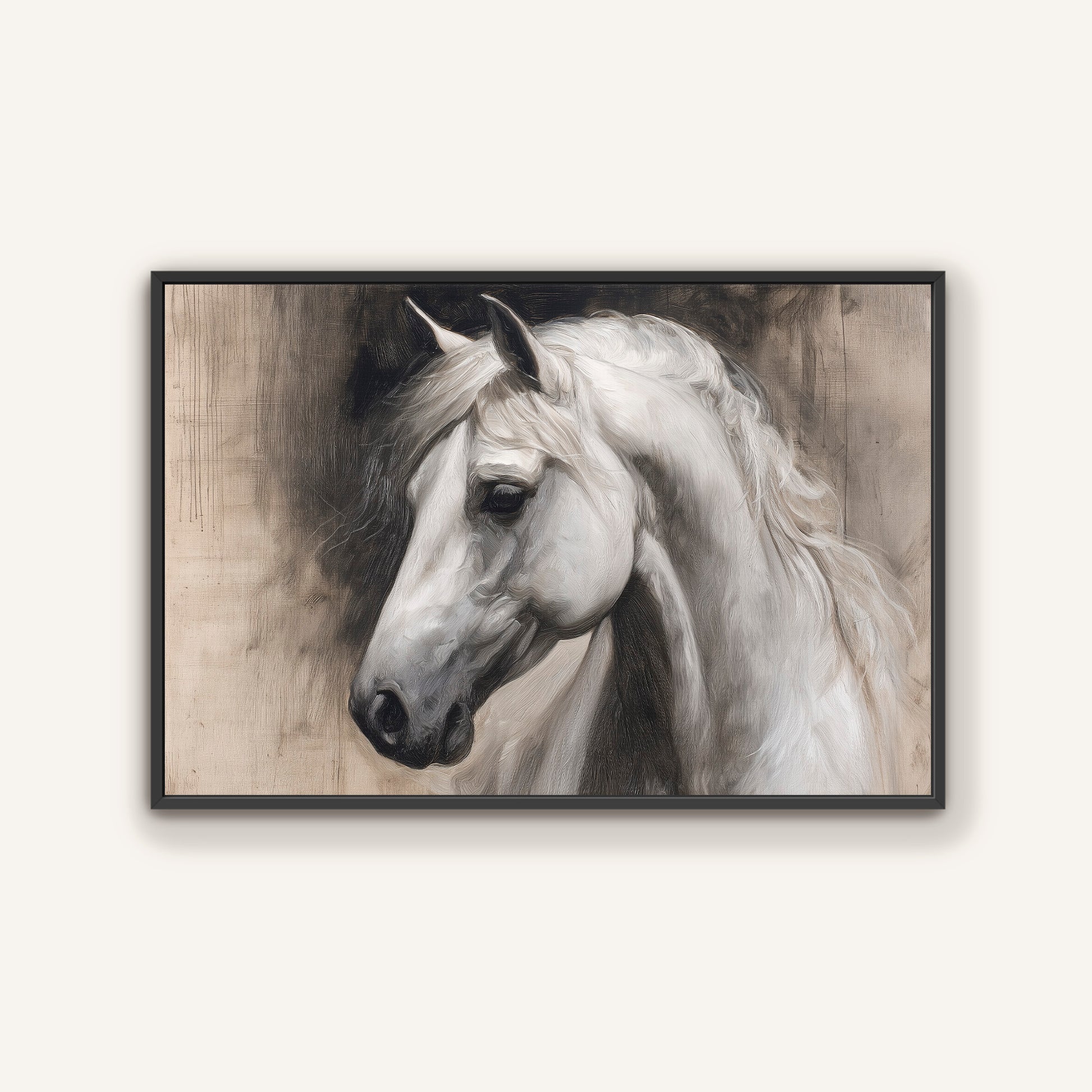 A black and white portrait of a horse, with its head turned to the side and flowing mane.