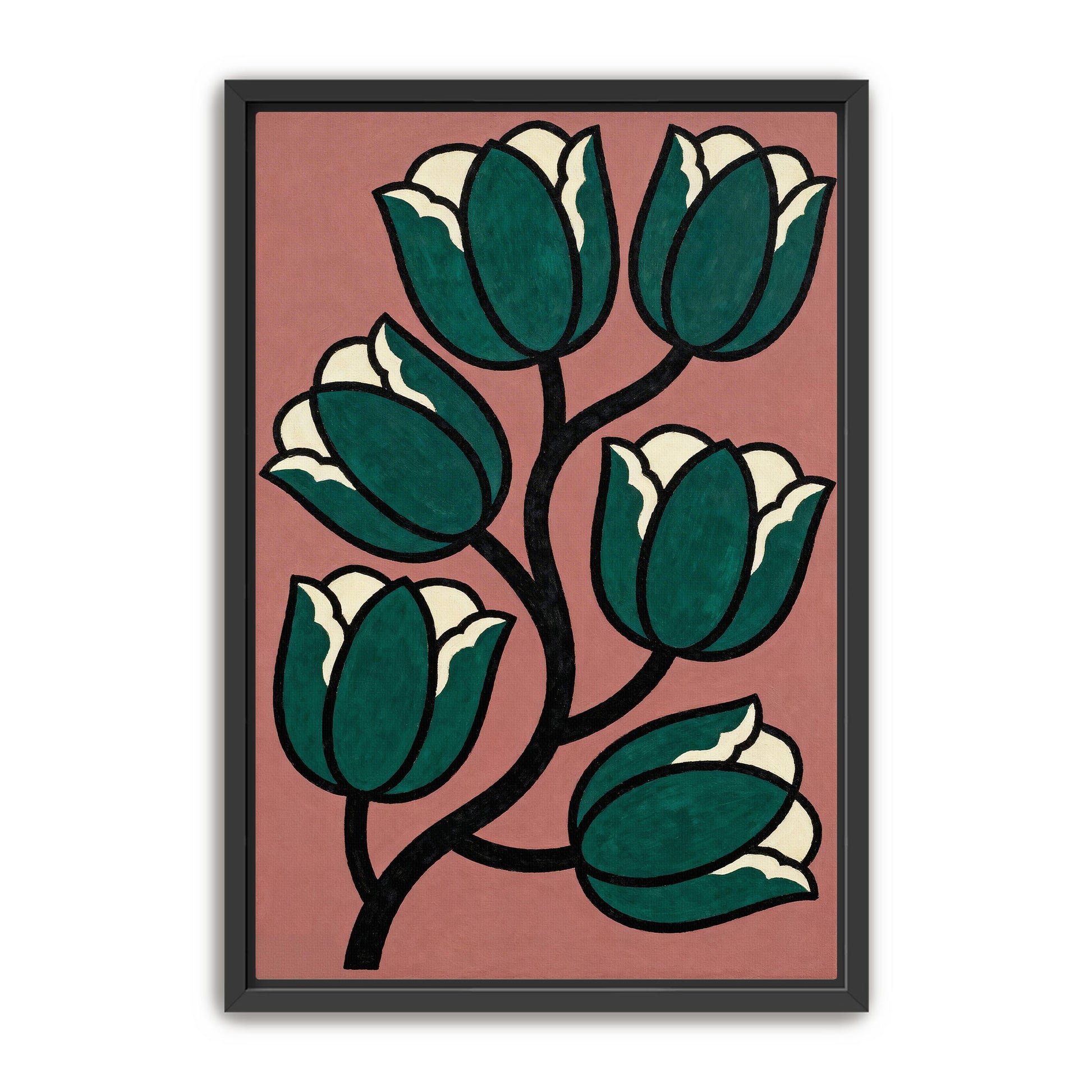 The image is a framed painting of a stylized floral design with green tulips.
