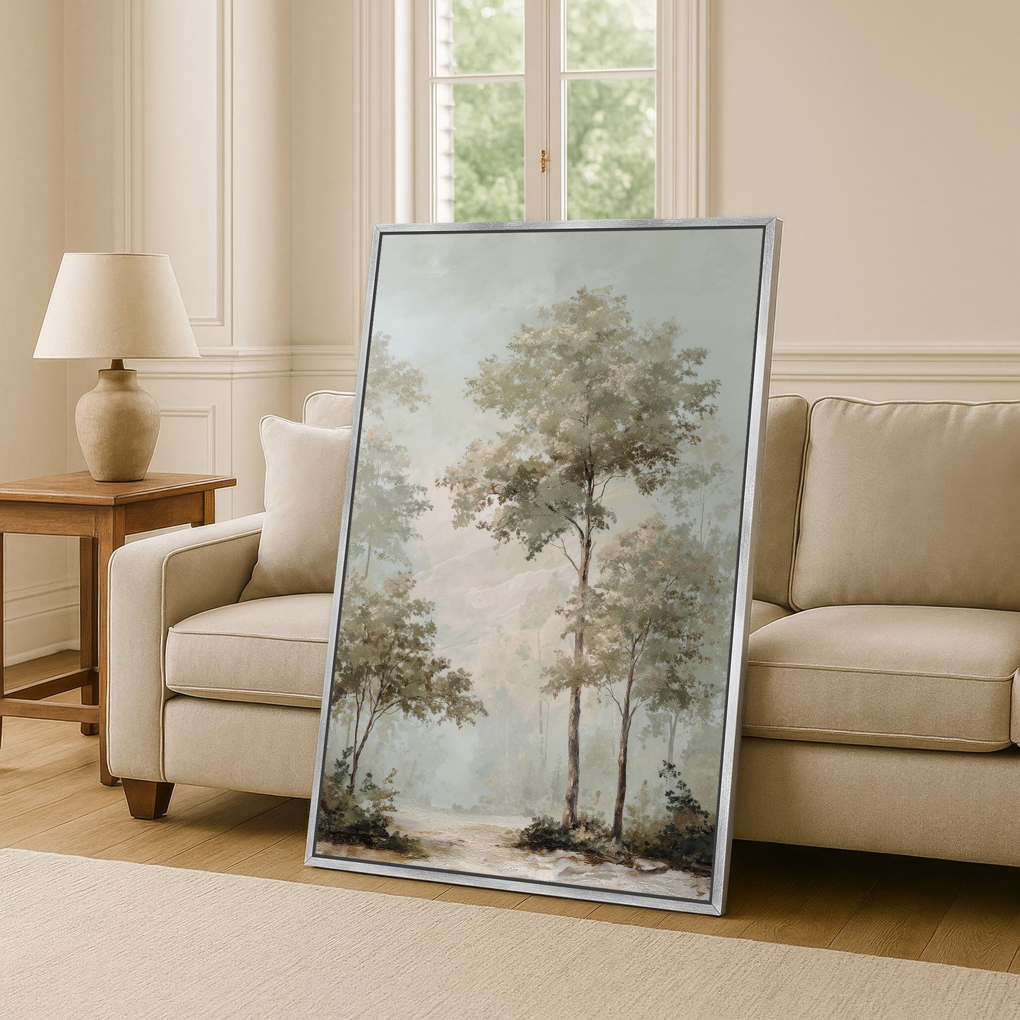 a large painting of a serene landscape with trees and a path, displayed in a living room setting with a sofa and a lamp.