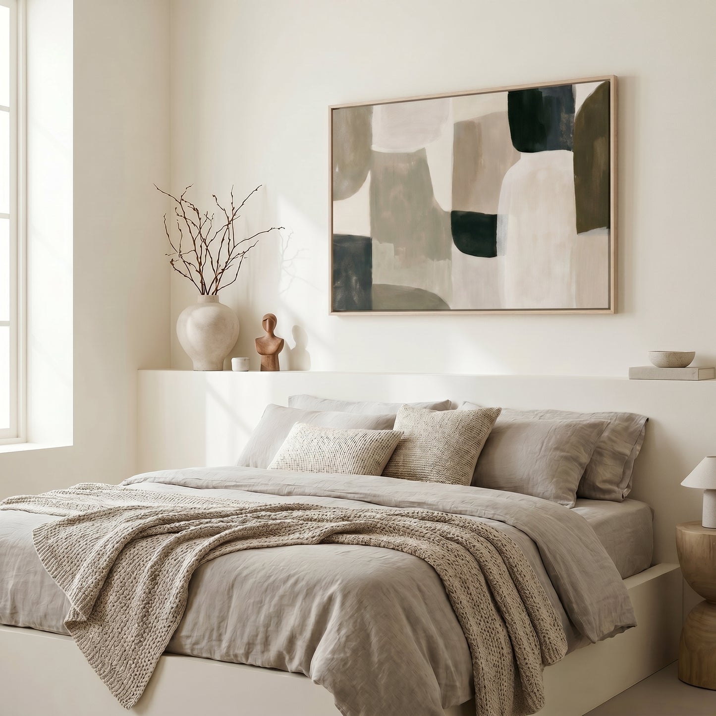 a serene and modern bedroom with a large bed, a minimalist white wall, and a large abstract painting above it.