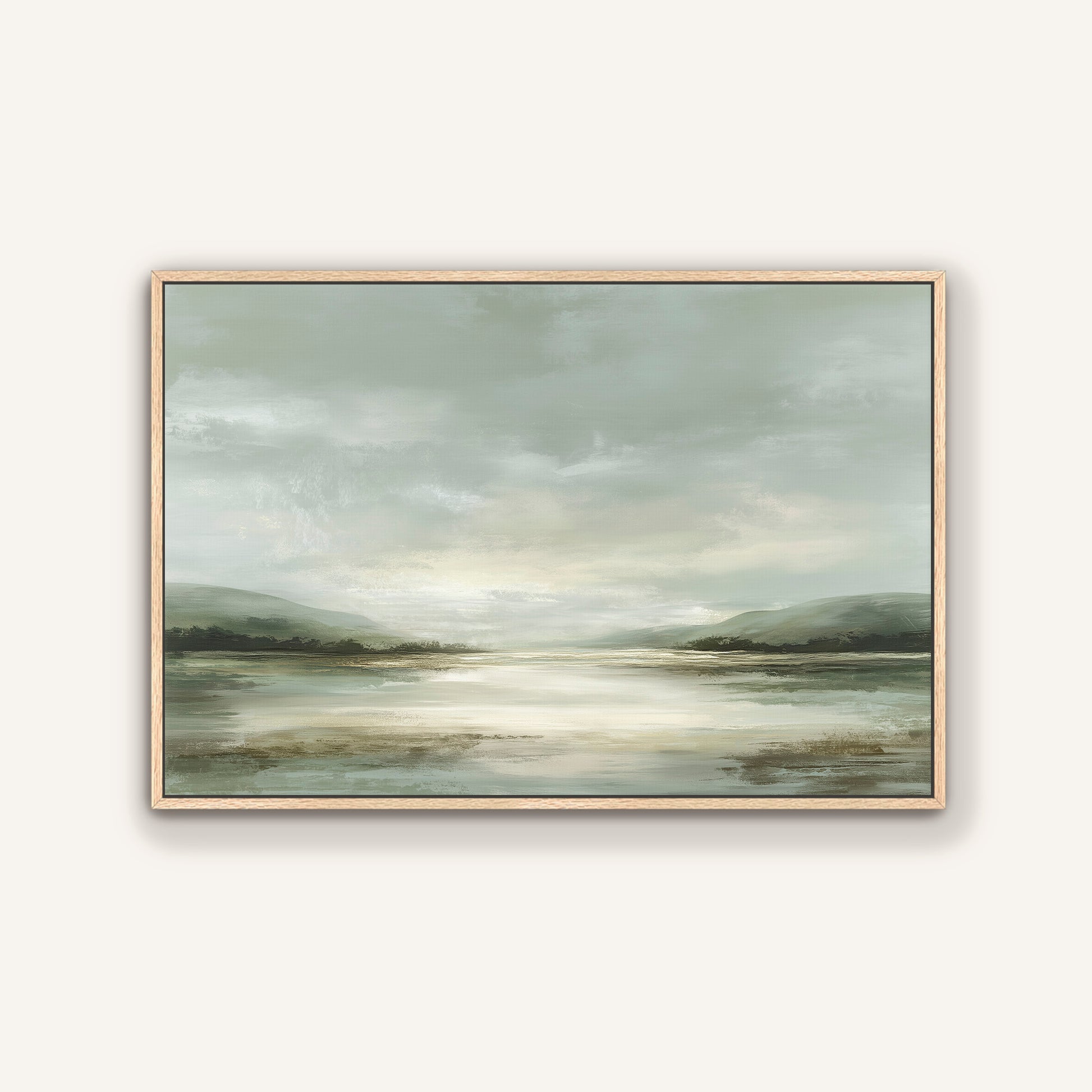 The image is a landscape painting depicting a serene scene of a lake surrounded by mountains under a cloudy sky.