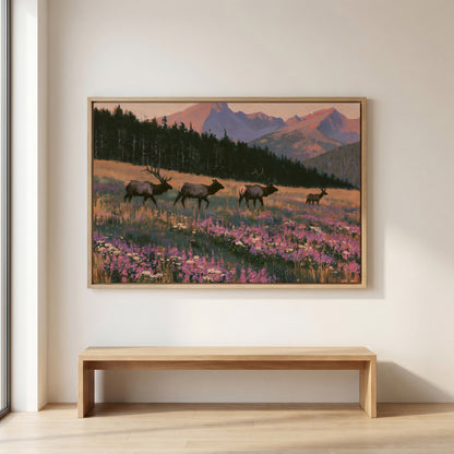 a large painting of three elk in a field with purple flowers, set against a backdrop of mountains.