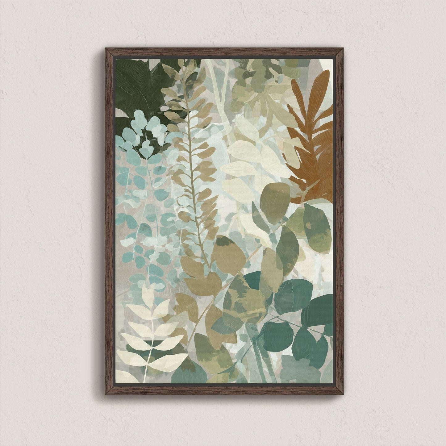 Herba canvas print botanical art in sage, sea-green, and beige tones with floating wood frame