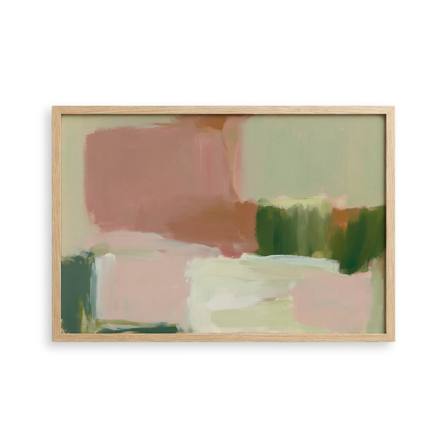 The image is an abstract painting with a mix of pink, green, and white colors.