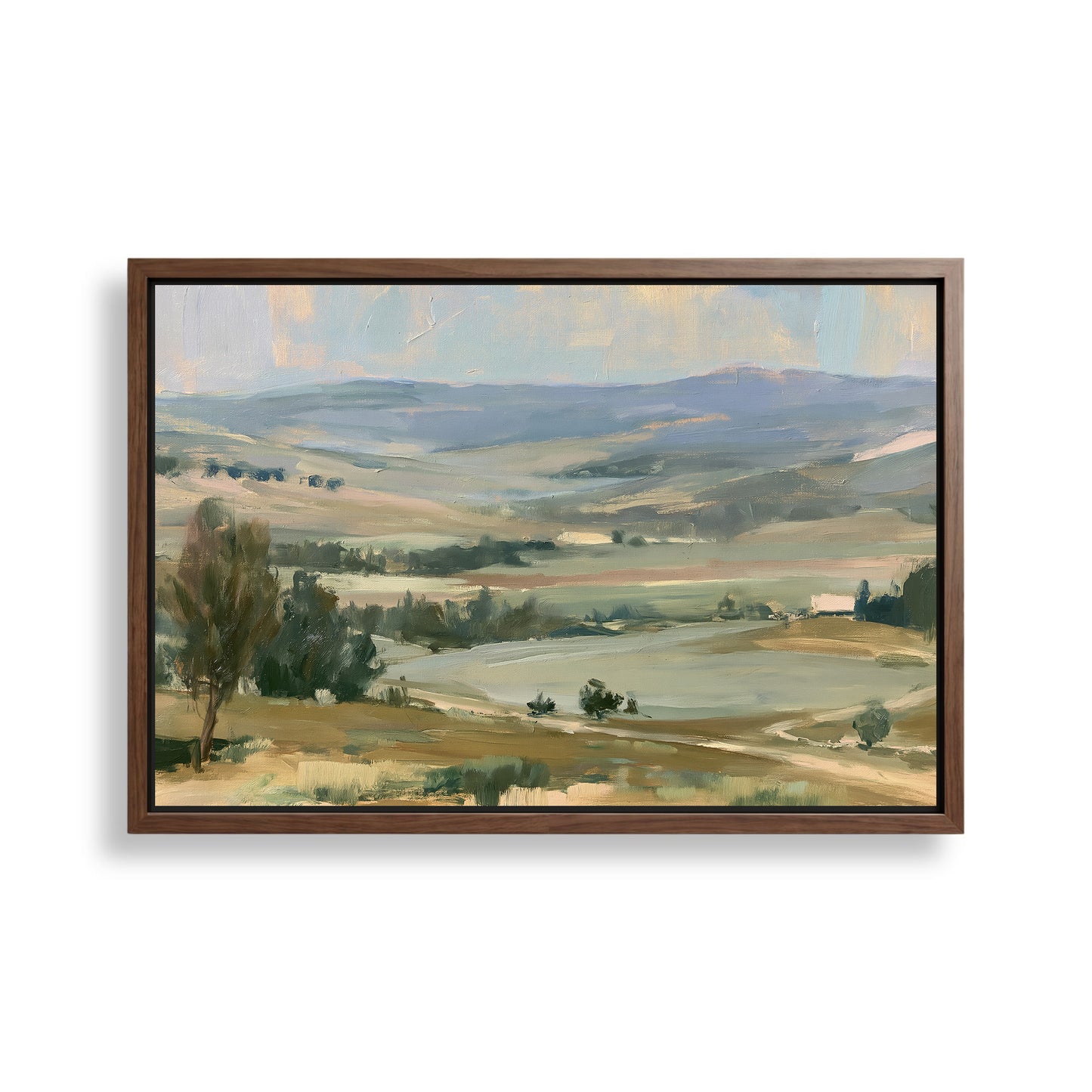 The image is a framed landscape painting depicting a serene countryside scene with rolling hills, trees, and a body of water in the distance.