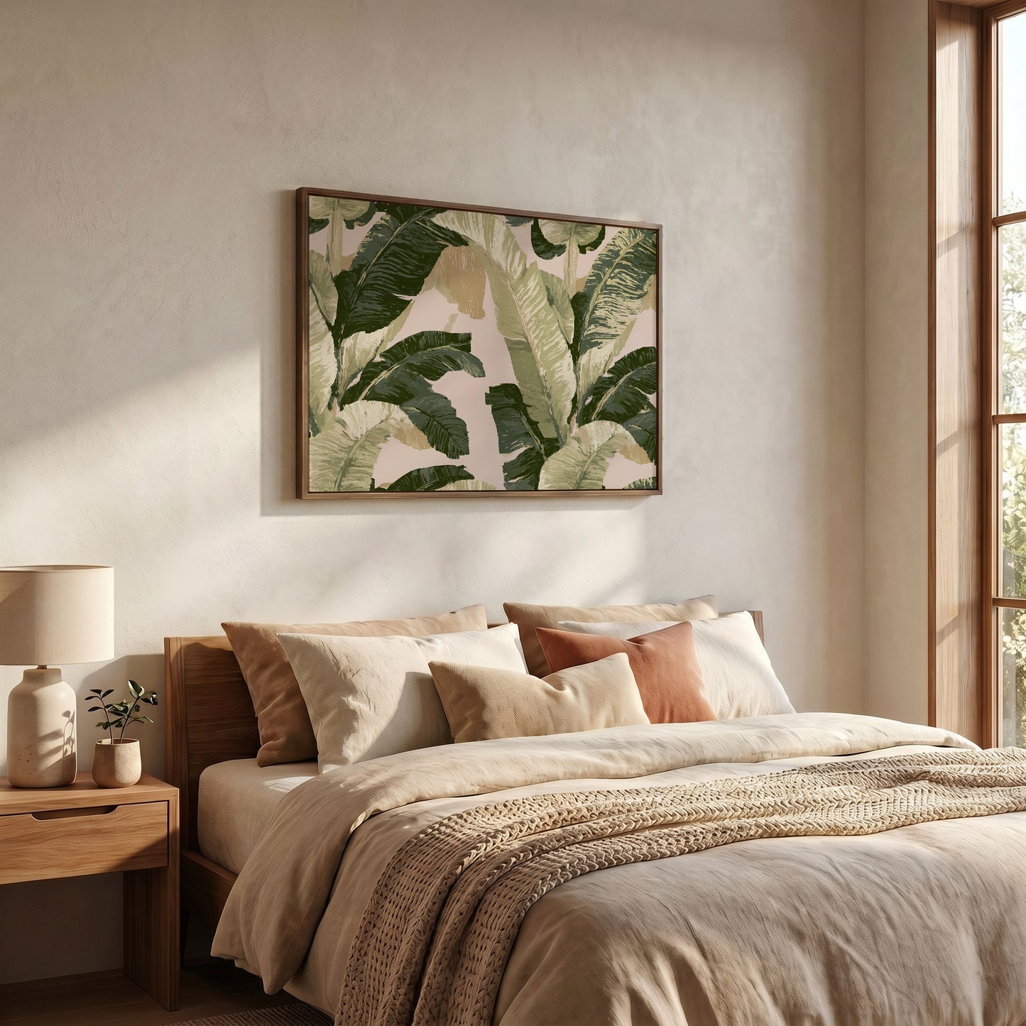 a serene and cozy bedroom with a large bed adorned with beige bedding and a framed print of green palm leaves hanging above it. The room features a wooden nightstand with a lamp, and a window that allows natural light to fill the space.