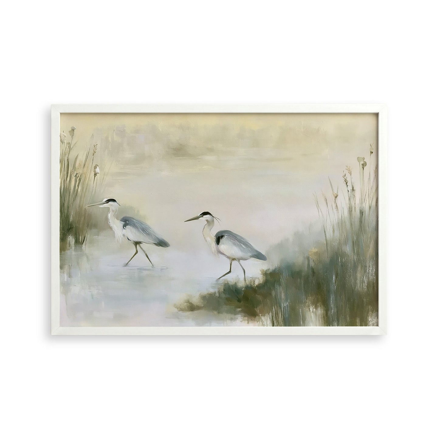 two birds walking in a body of water, surrounded by tall grasses.