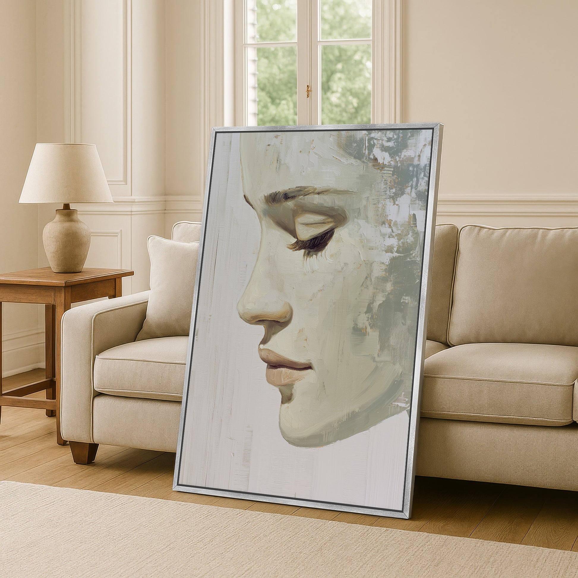 a large framed artwork depicting a woman's face, placed on a wooden floor in a living room setting with a couch and a lamp.