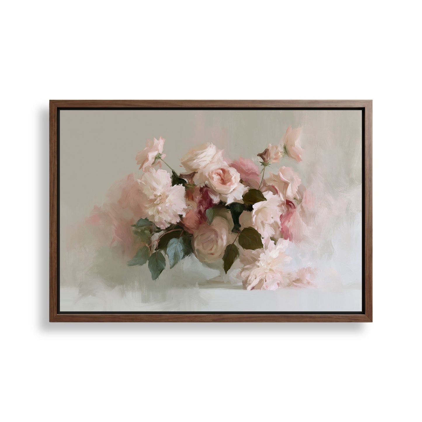 A framed painting depicting a bouquet of pink and white flowers, including roses and peonies, against a light background.