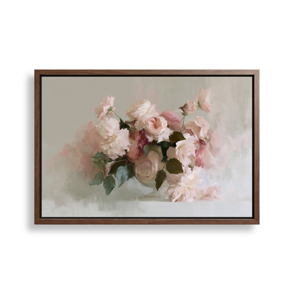 A framed painting depicting a bouquet of pink and white flowers, including roses and peonies, against a light background.