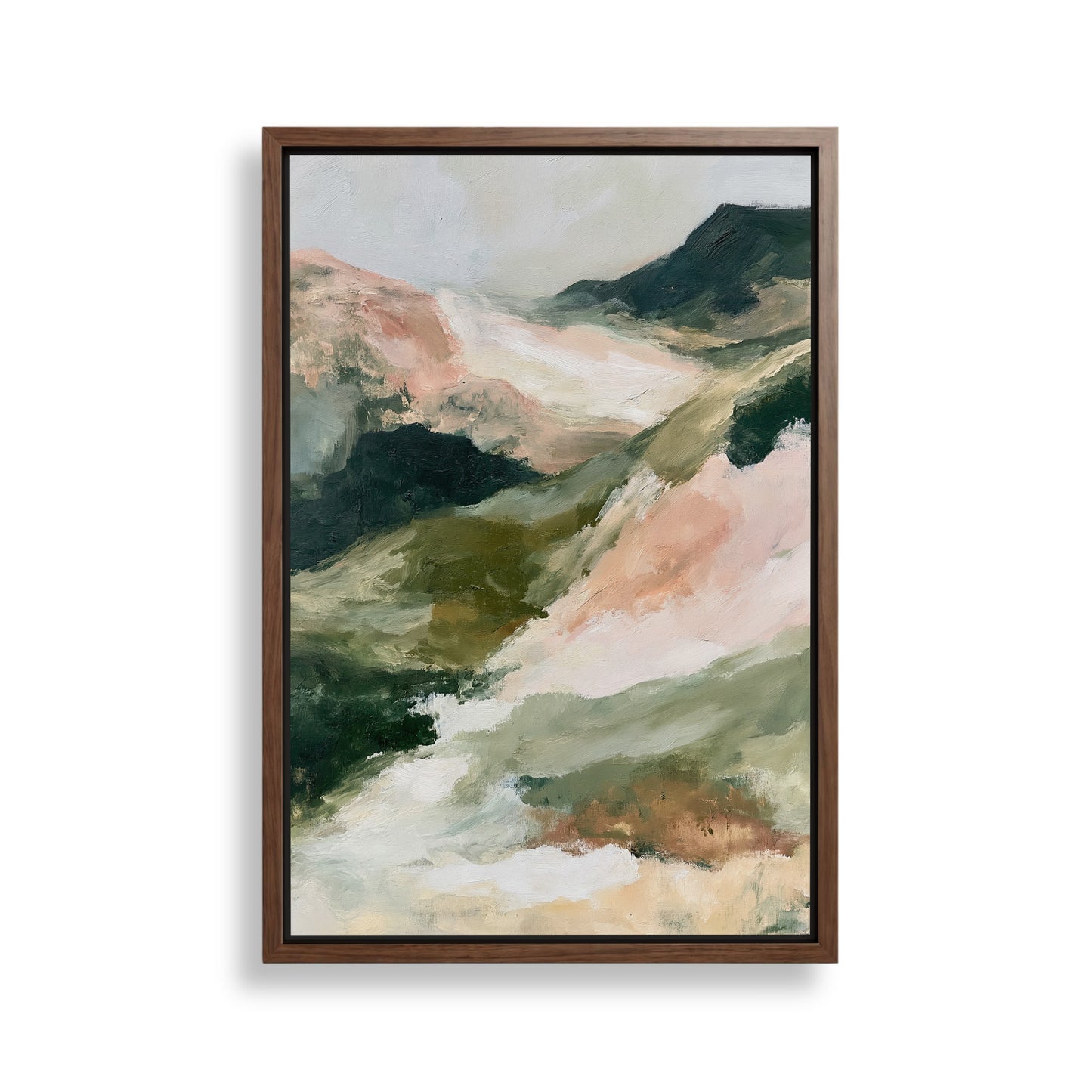 The image is a framed abstract landscape painting depicting a mountainous, mountainous terrain with a mix of green, pink, and brown colors.