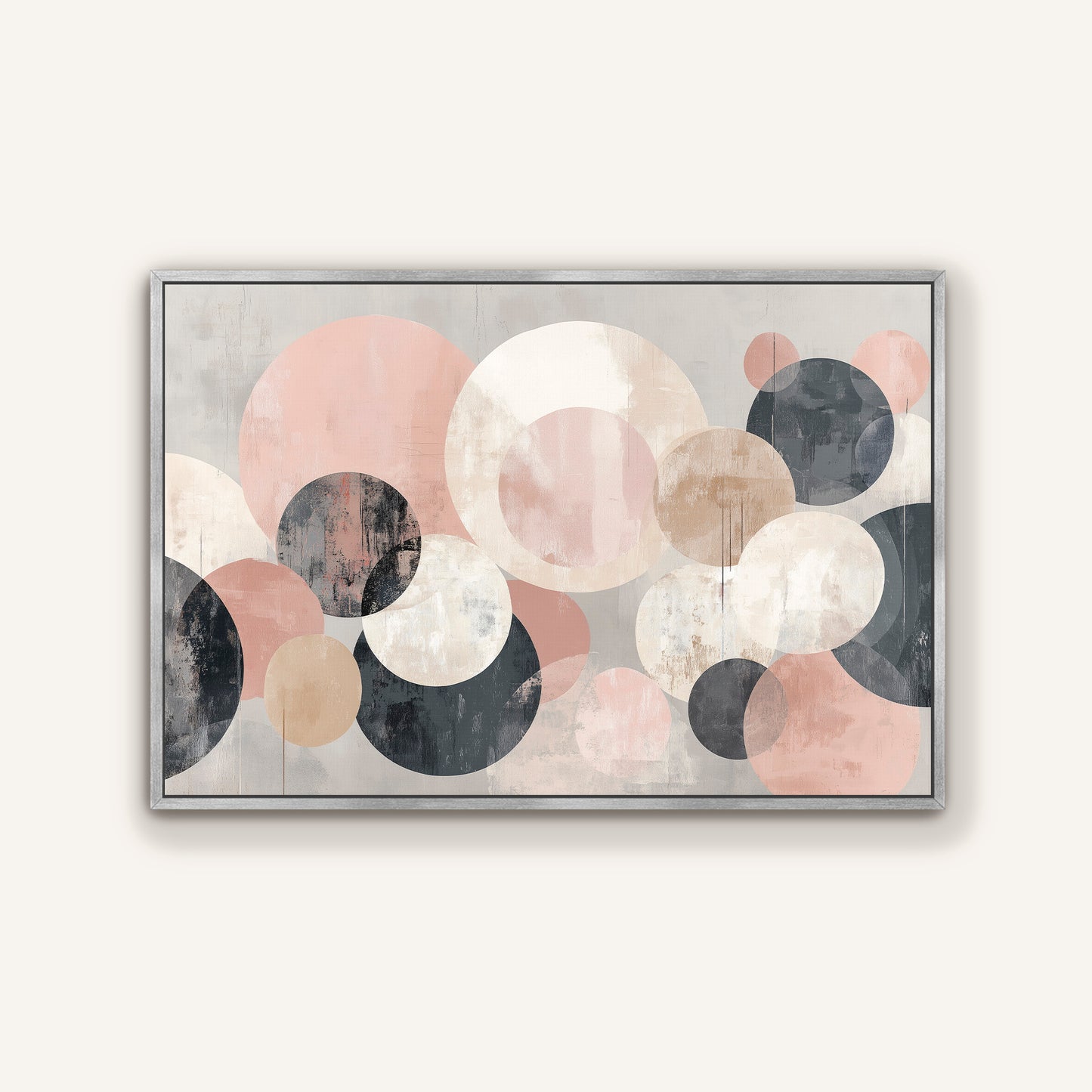 The image is a framed abstract art piece featuring a variety of overlapping circles in different shades of pink, black, and gray.