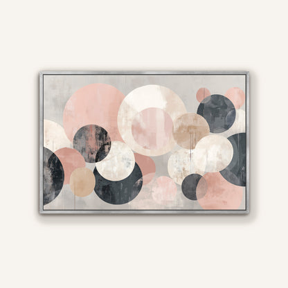 The image is a framed abstract art piece featuring a variety of overlapping circles in different shades of pink, black, and gray.