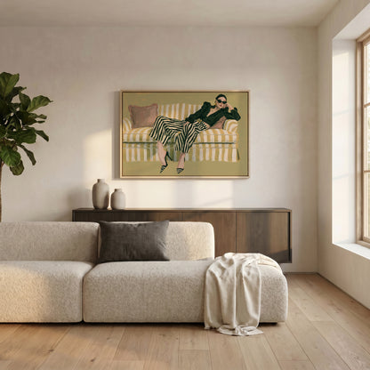 a cozy living room with a large window, a beige sofa, a wooden sideboard, and a framed painting of a woman in a striped dress.