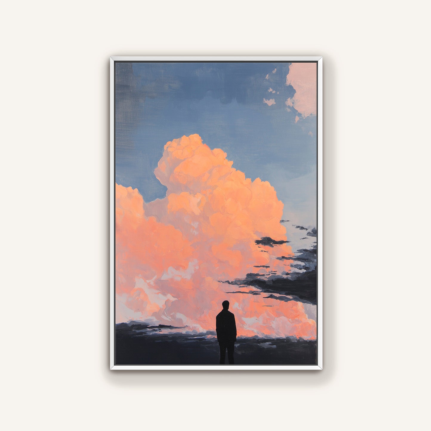 a person standing in front of a large, vibrant cloud formation against a blue sky.