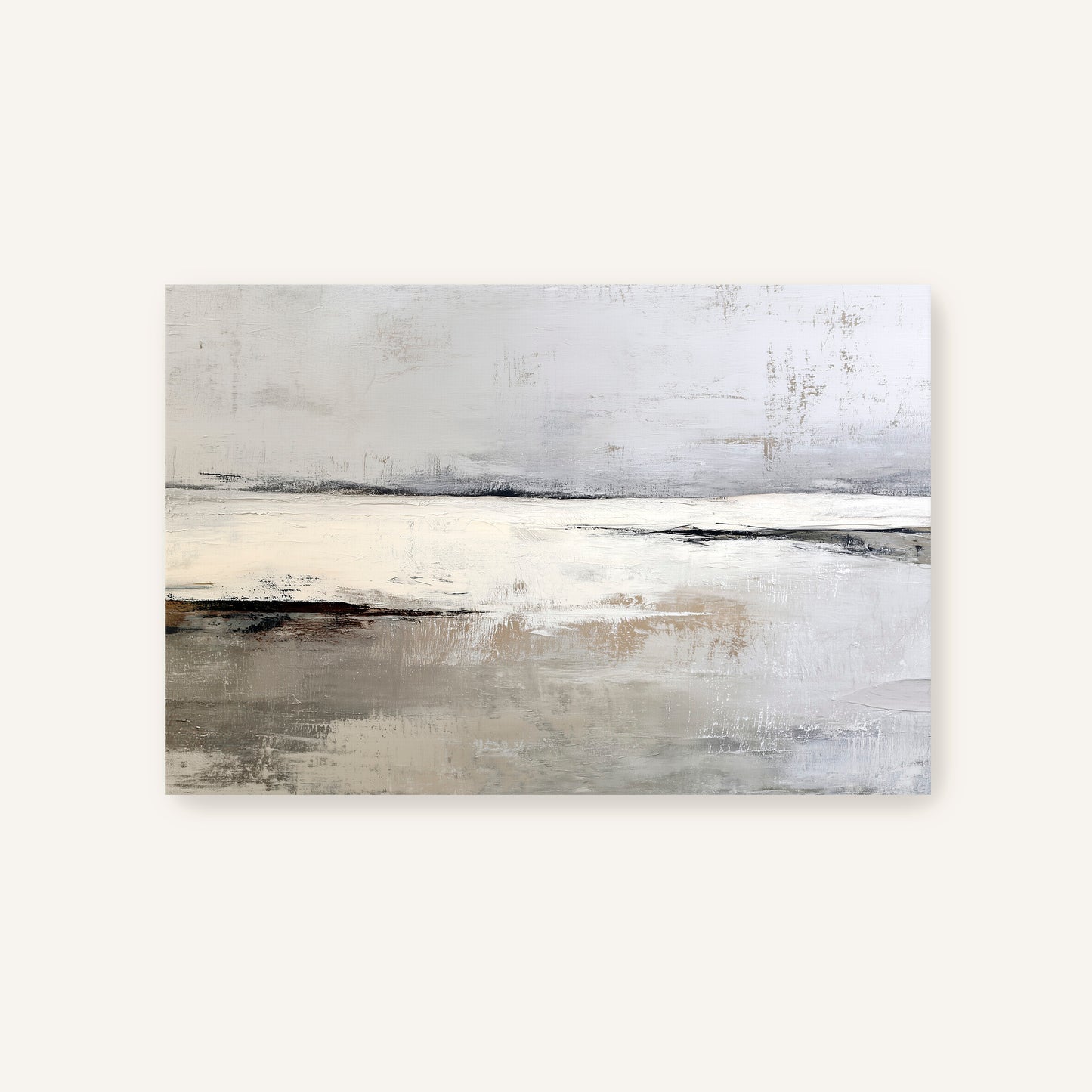 The image is a painting depicting a serene landscape with a calm body of water and a hazy sky.