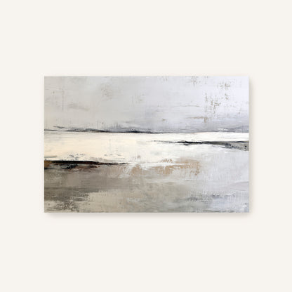 The image is a painting depicting a serene landscape with a calm body of water and a hazy sky.