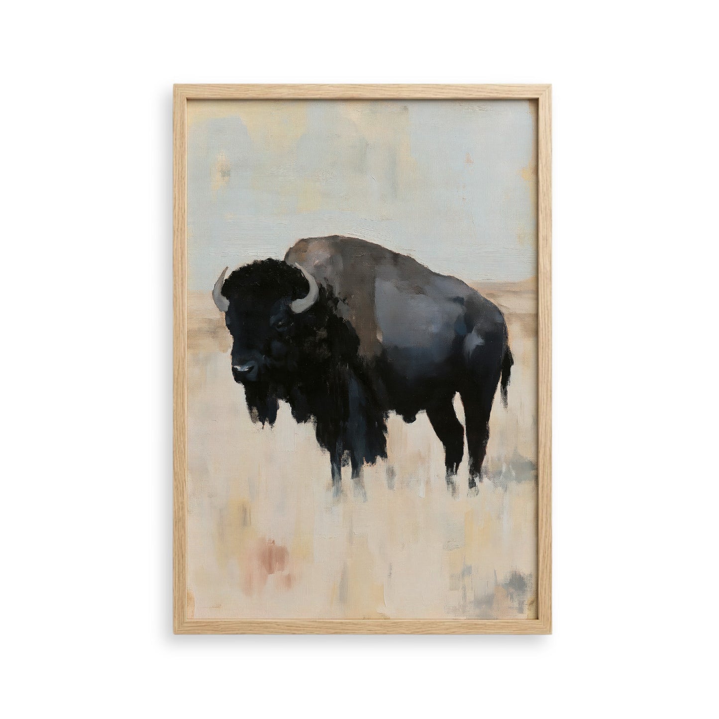 The image is a framed painting depicting a black buffalo standing in a field.