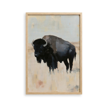 The image is a framed painting depicting a black buffalo standing in a field.