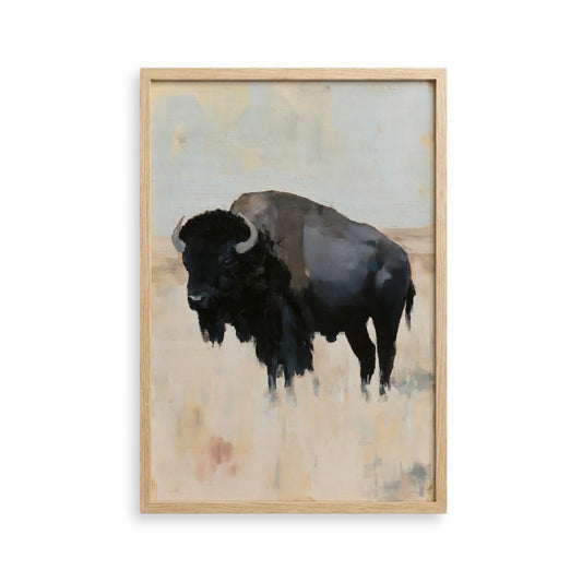 The image is a framed painting depicting a black buffalo standing in a field.
