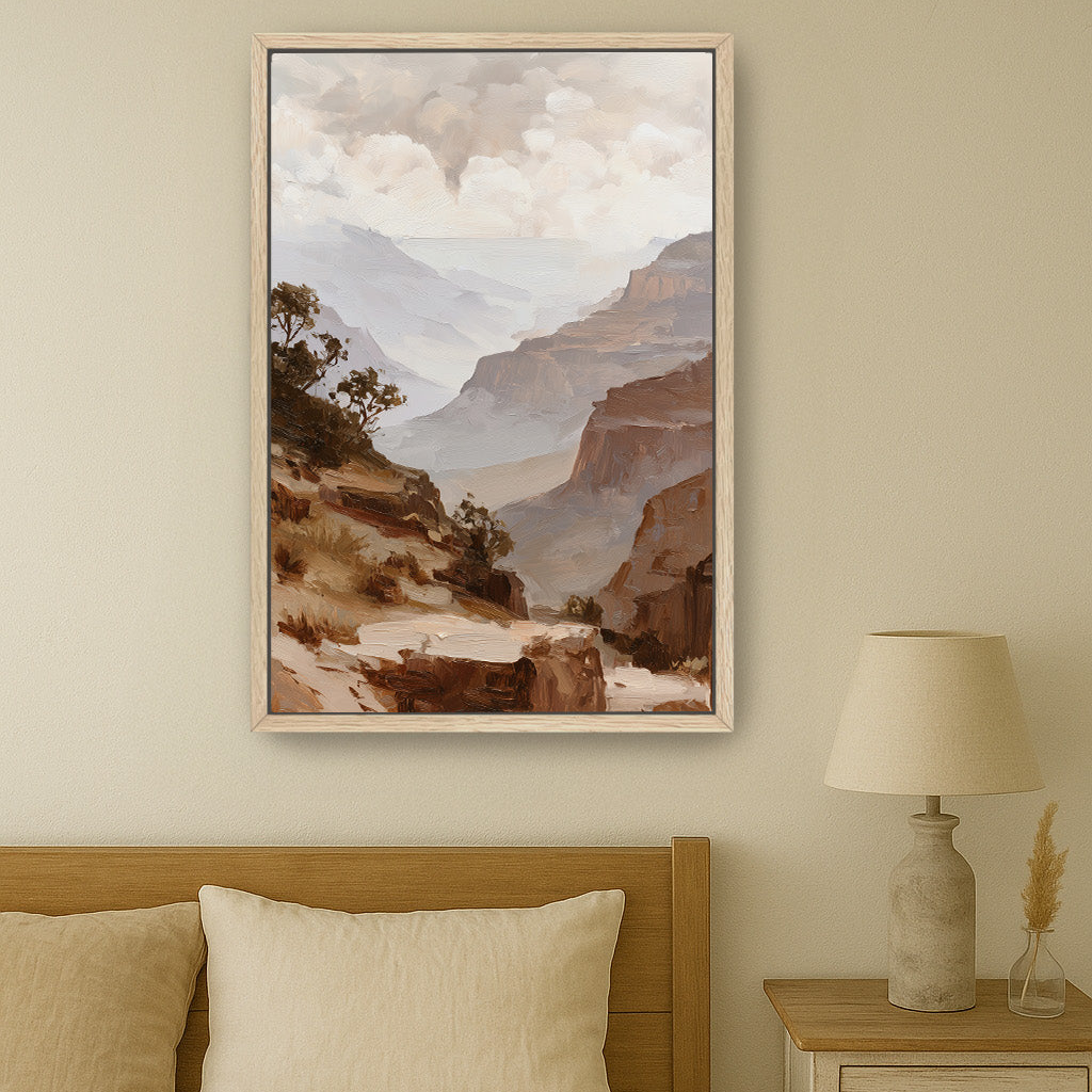 a bedroom with a large framed painting of a mountainous landscape hanging on the wall above a bed with a wooden headboard.