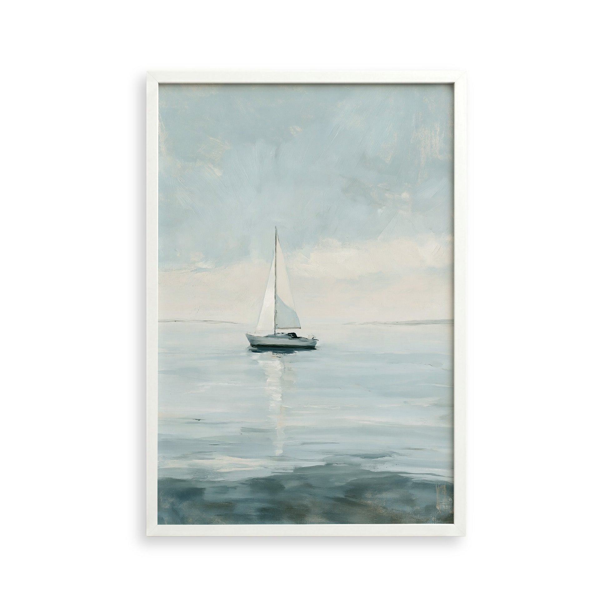 A white sailboat is sailing on a calm body of water under a cloudy sky.