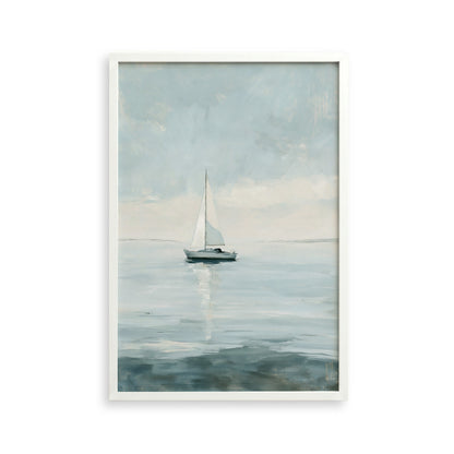 A white sailboat is sailing on a calm body of water under a cloudy sky.