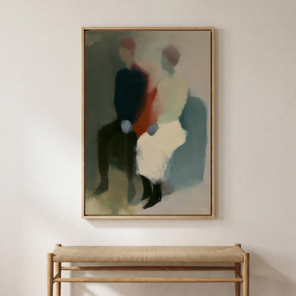a painting of two people sitting on a bench, with a wooden bench below it.