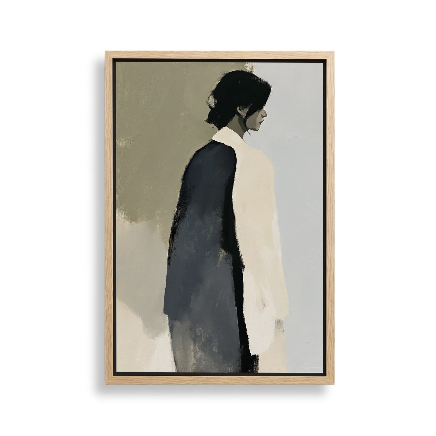 The image is a framed abstract painting depicting a person in a black and white color scheme.