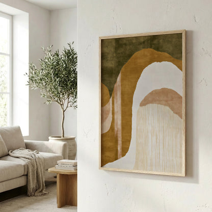 a living room with a large abstract painting hanging on the wall, a sofa, a potted plant, and a wooden side table.