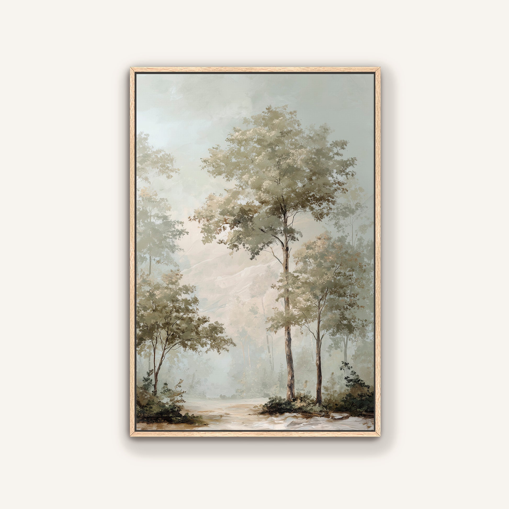 The image is a painting of a forest scene with trees and a path leading through the landscape.