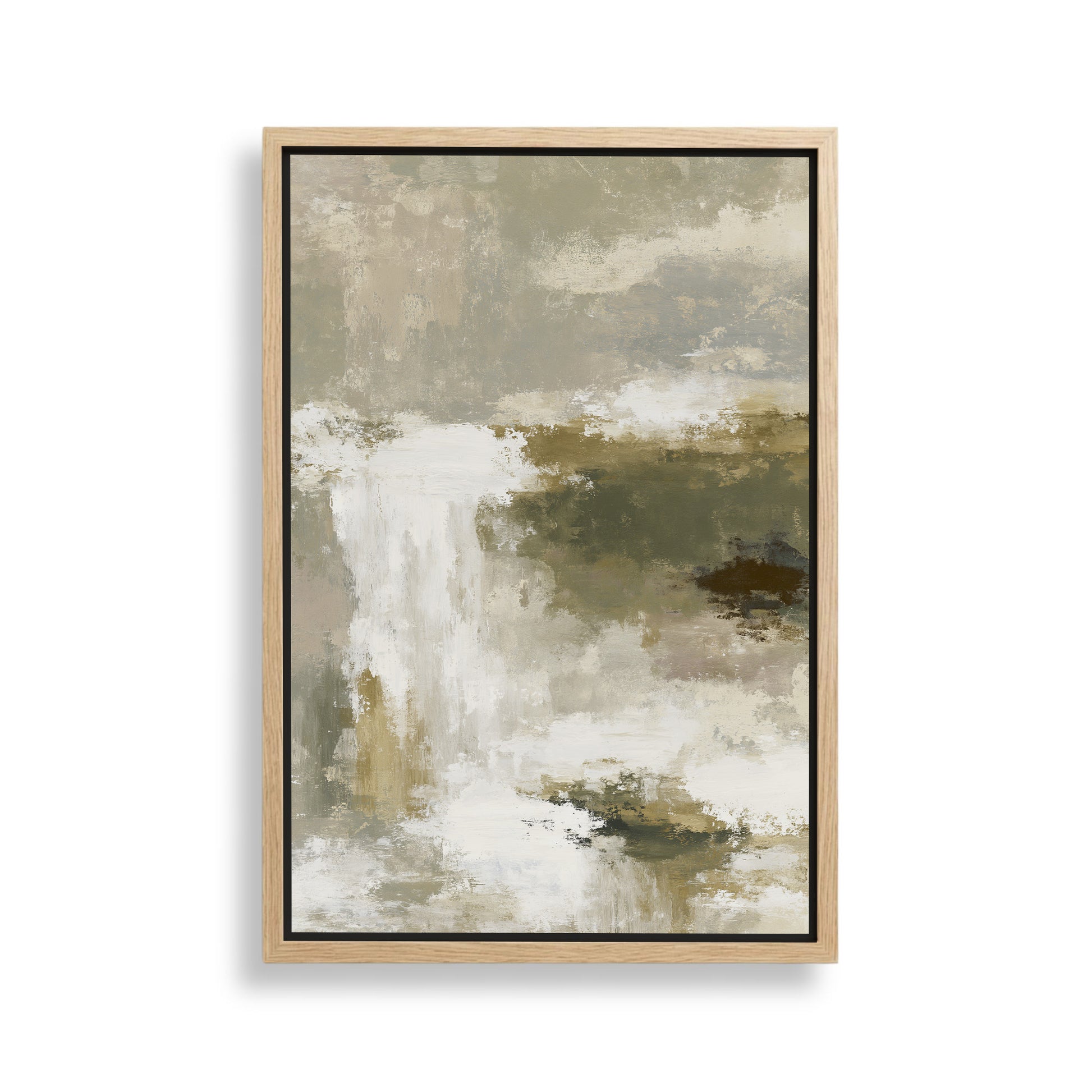 The image is a framed abstract painting with a predominantly green and white color palette. The painting features a landscape scene with a waterfall and a cloudy sky. The artwork is displayed on a white wall, and the frame is made of wood.