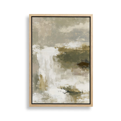 The image is a framed abstract painting with a predominantly green and white color palette. The painting features a landscape scene with a waterfall and a cloudy sky. The artwork is displayed on a white wall, and the frame is made of wood.