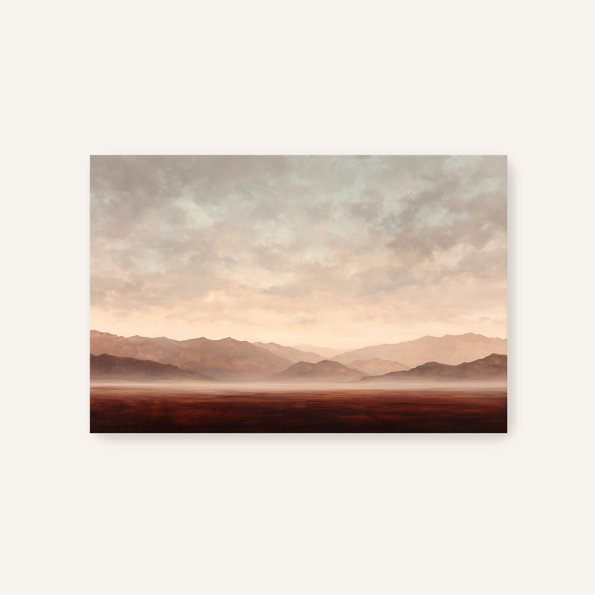 a serene landscape with mountains in the distance, a hazy sky, and a vast, open field.