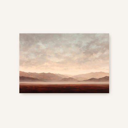 a serene landscape with mountains in the distance, a hazy sky, and a vast, open field.