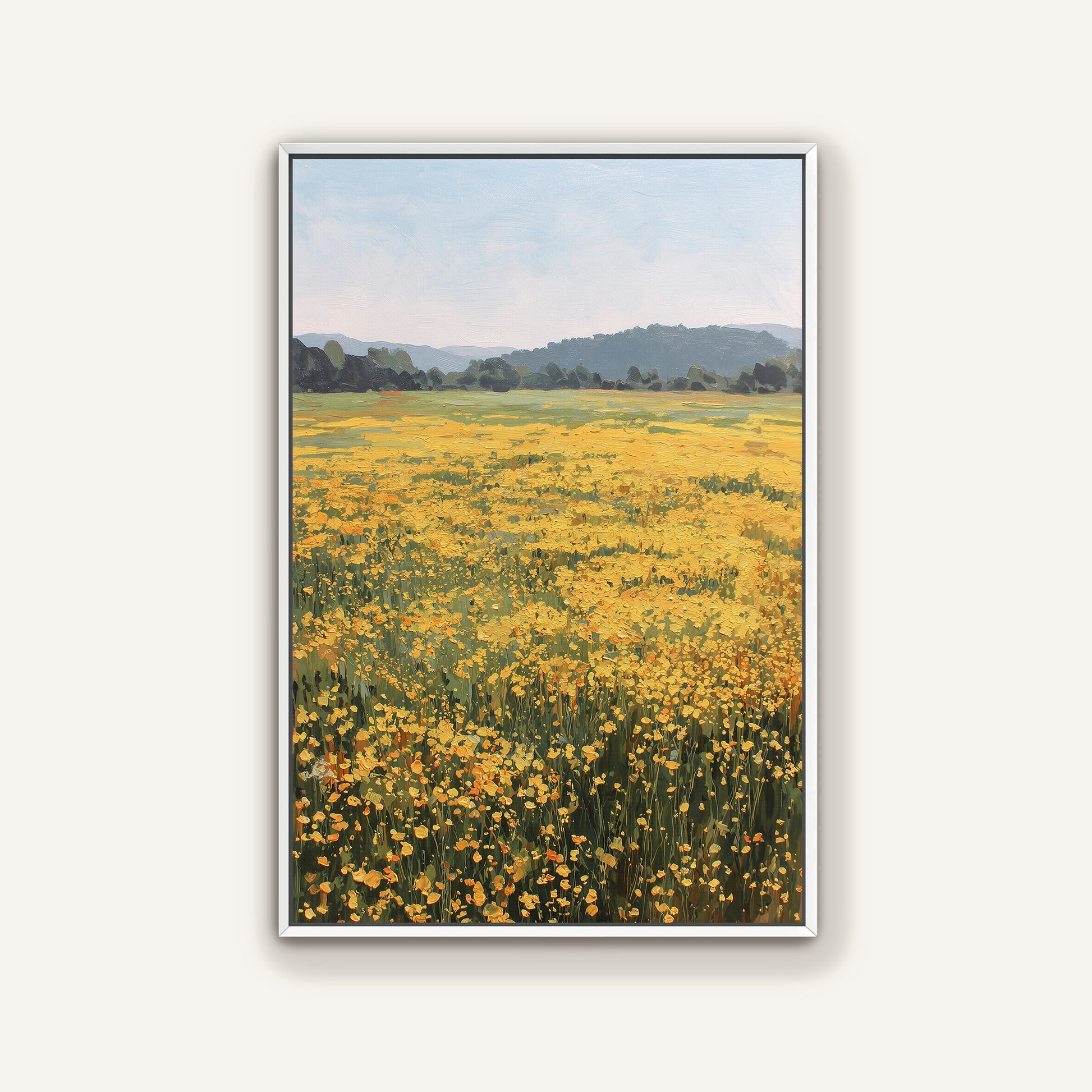 A framed painting depicting a vast field of yellow flowers against a backdrop of rolling hills and a clear blue sky.