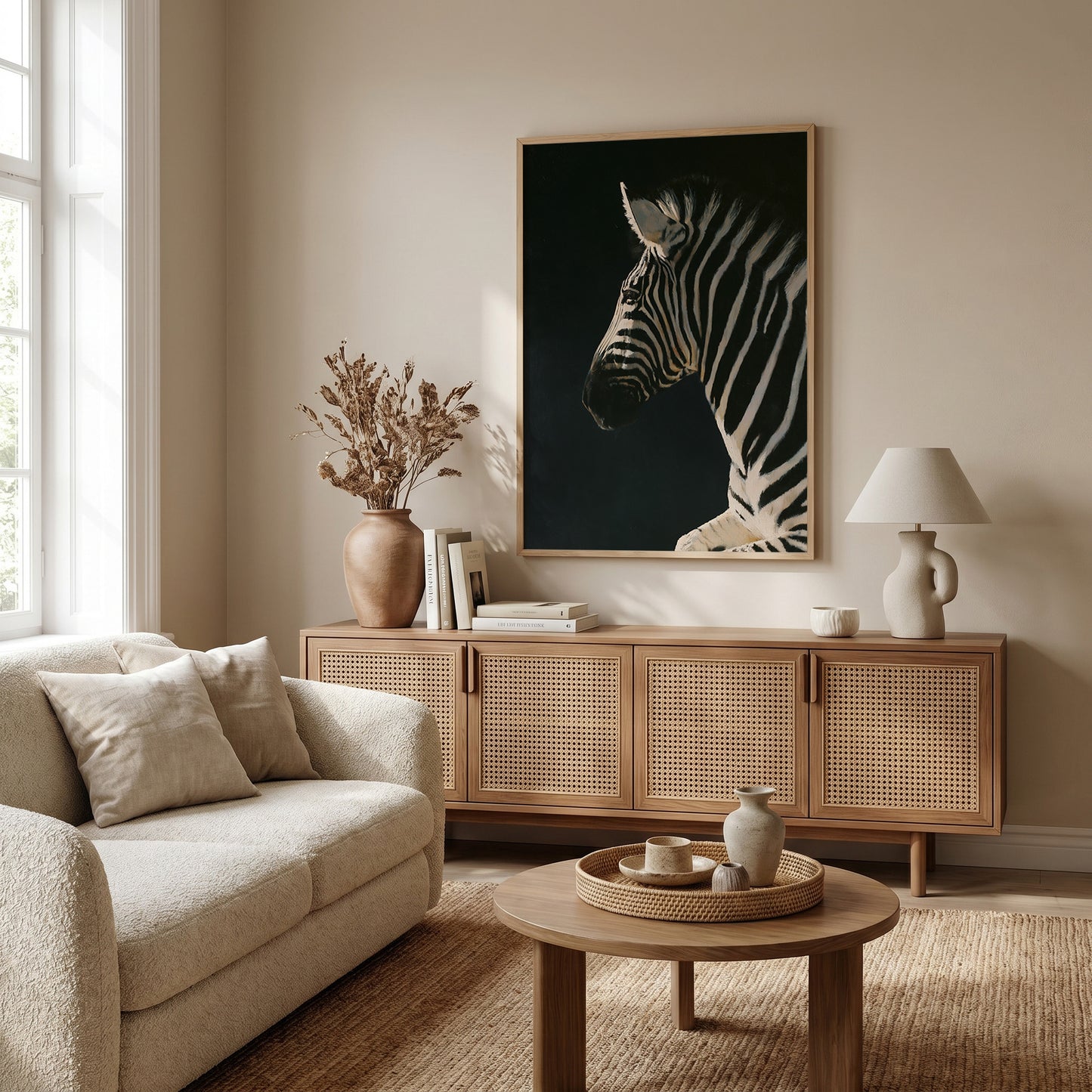 a cozy living room with a large zebra painting on the wall, a beige sofa, a wooden sideboard, and a round coffee table.