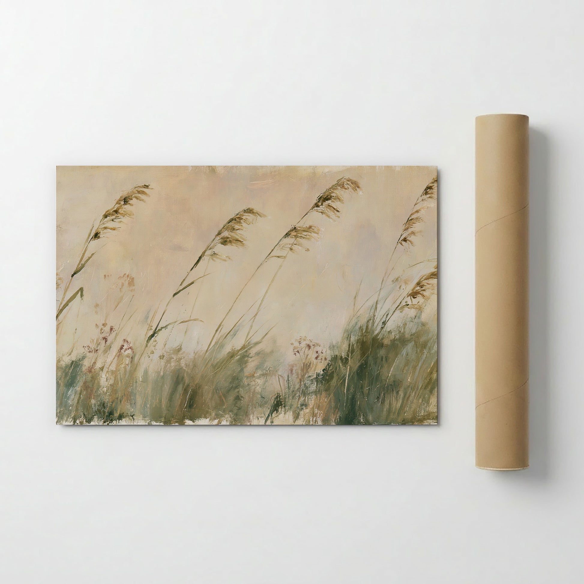The image is a painting of tall grasses with a pale background, depicting a serene and natural landscape.