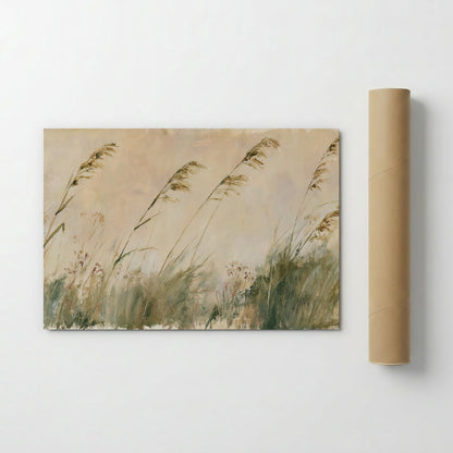 The image is a painting of tall grasses with a pale background, depicting a serene and natural landscape.