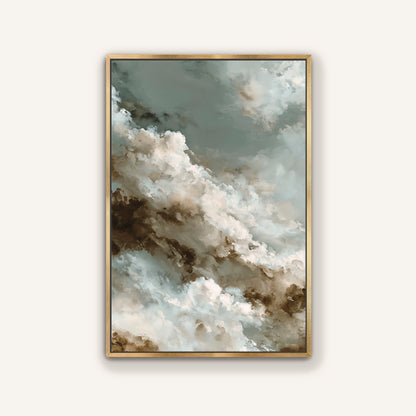The image is a framed painting depicting a cloudy sky with a mix of white, gray, and brown colors.