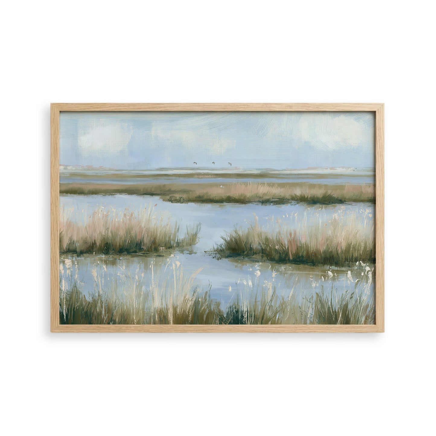 The image is a painting depicting a serene landscape with a body of water surrounded by tall grasses and a cloudy sky.