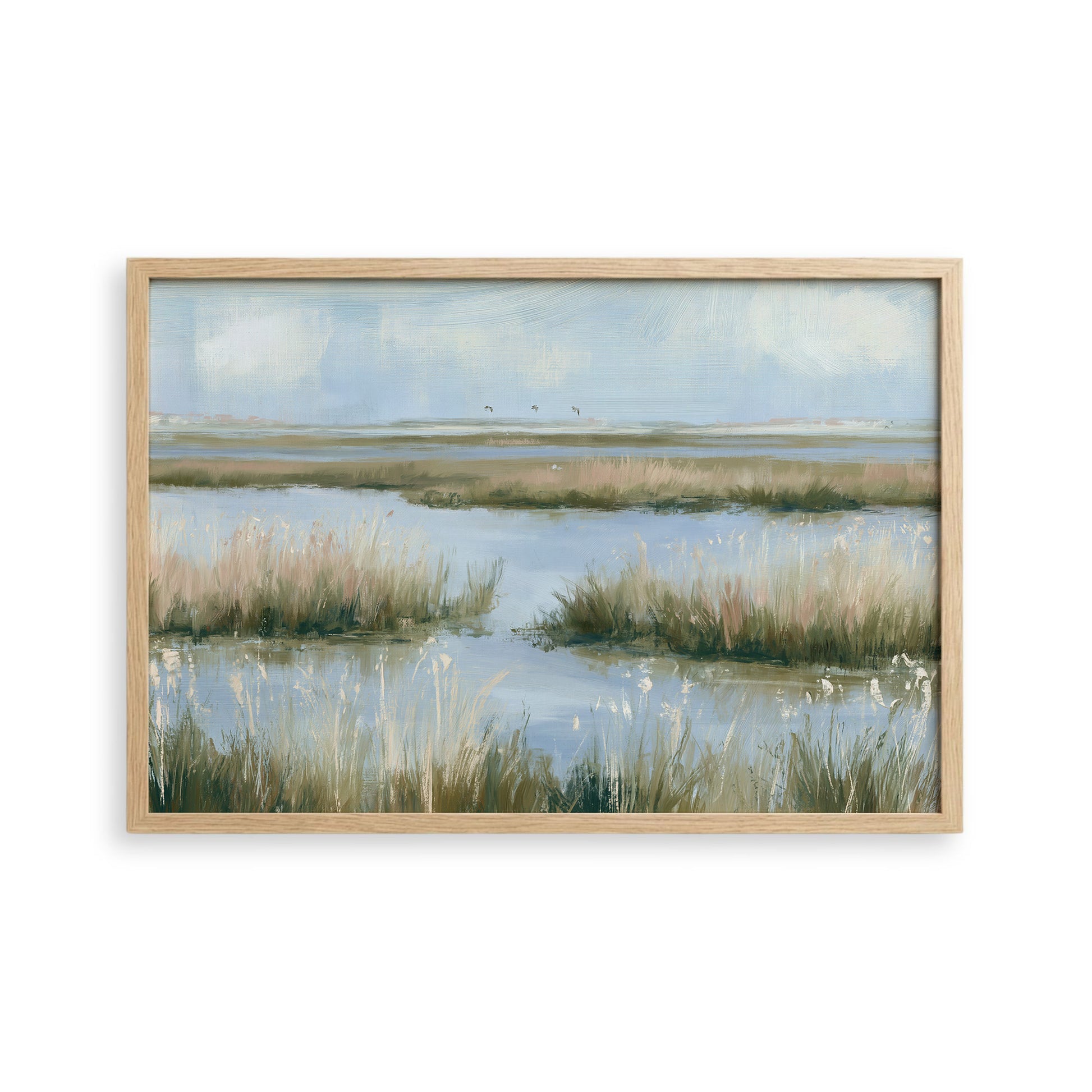 The image is a painting depicting a serene landscape with a body of water surrounded by tall grasses and a cloudy sky.