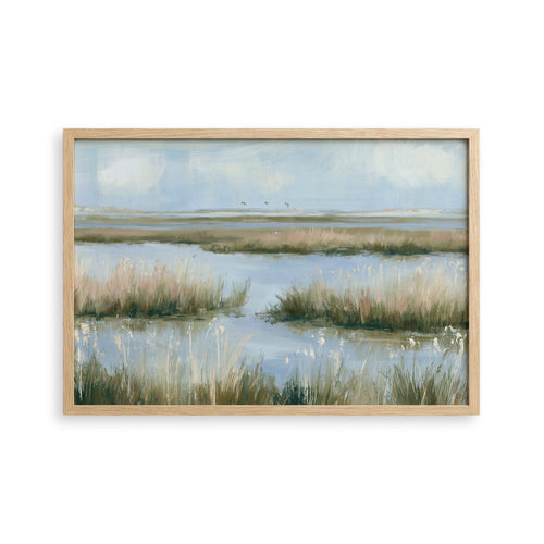 The image is a painting depicting a serene landscape with a body of water surrounded by tall grasses and a cloudy sky.
